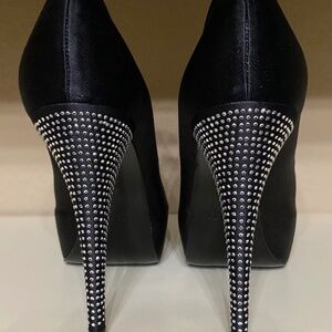 Stuart Weitzman Black Satin Shimmery Peep Toe with Crystal embellished heels